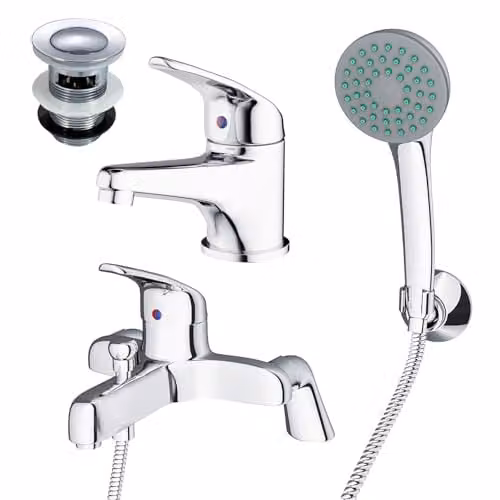 Nes Home Chrome Bathroom Basin Mono Mixer Tap, Bath Shower Mixer Tap and Pop Up Waste Set in Metallic Silver
