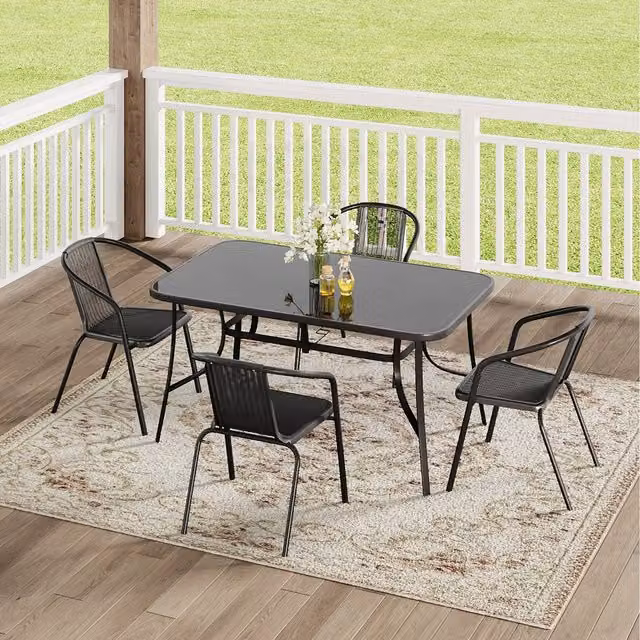 Komore Classic Black Rectangular Tempered Glass Garden Table with Four Rattan Chairs
