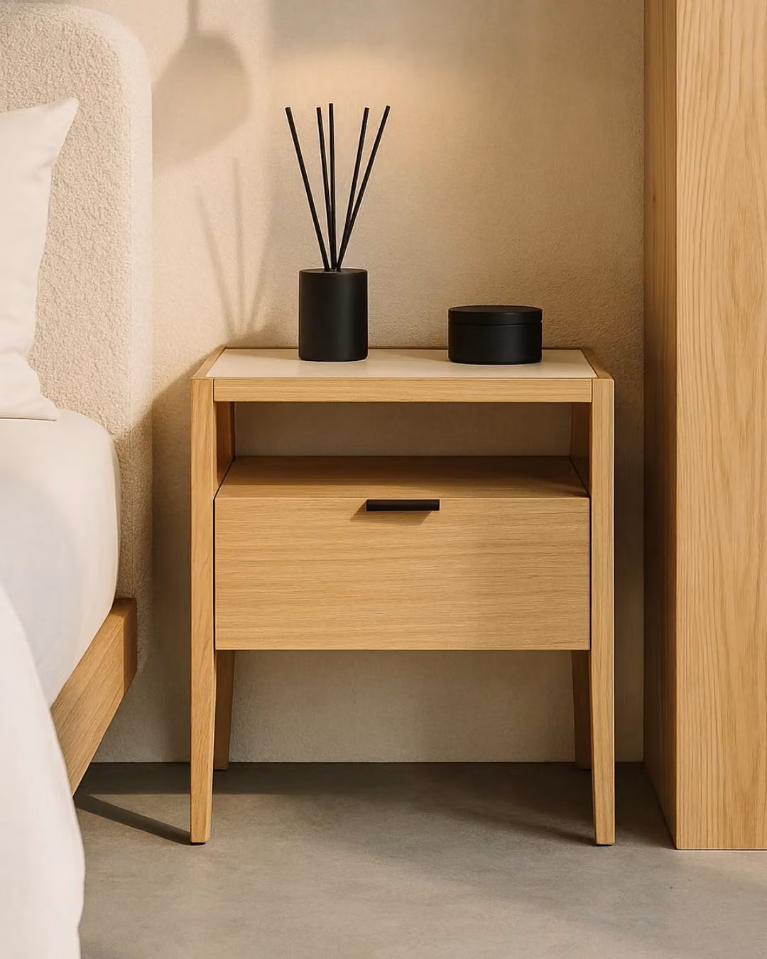 Tommy Franks Grafiato Bedside Table with One Drawer in Black and Beige Oak and Ash Wood and Glass