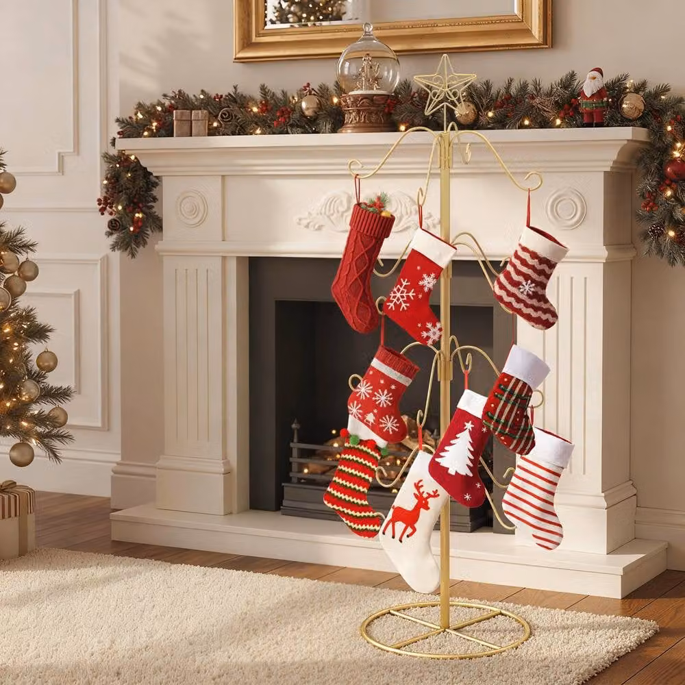 Gymax Gold Metal Christmas Stocking Holder Stand with Star Decoration and 16 Hanging Hooks, Height: 121 cm – 3