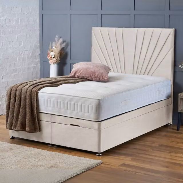 BSSPOKE Maria Ottoman Divan Bed with Headboard and Mattress, Cream Plush Velvet, W/D/H: 140 x 200 cm