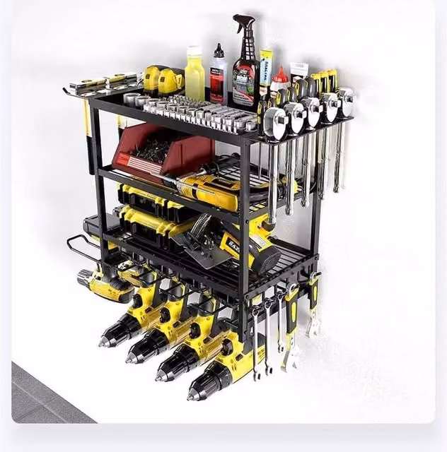 VOGREX 4-Layer Wall Mounted Power Tool Organiser in Black
