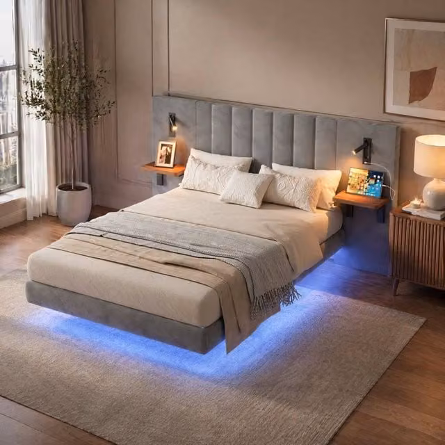 STILVORA Grey Velvet Upholstered Double Bed with LED Lighting, USB Charging Port and Bedside Shelves, W: 140 cm, D: 200 cm, H: 103 cm – 1
