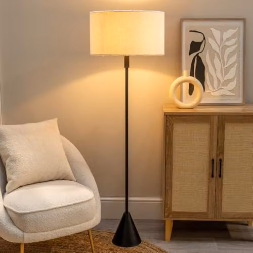ValueLights Mitch Boucle Drum Black Floor Lamp with Wood Stem and LED Bulb – 3