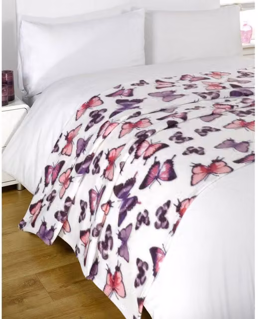 Dreamscene Soft Fleece Throw Blanket, White and Purple Butterfly Floral Design, W/D: 120 x 150 cm