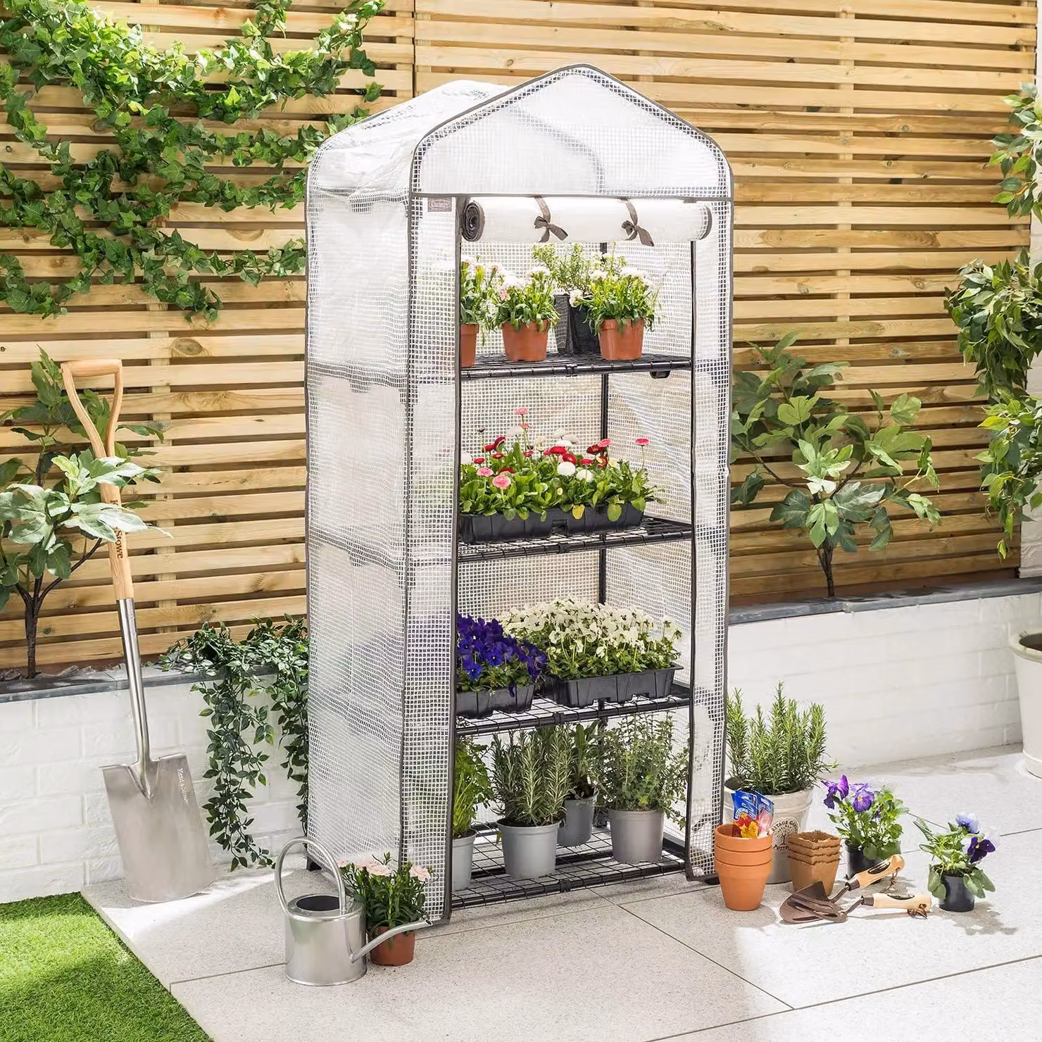 Christow 4 Tier Mini Greenhouse with Reinforced Clear Cover and Roller Door, H 158 x W 69 x D 49 cm – 2