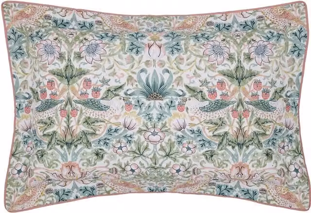 Morris & Co Strawberry Thief Oxford Pillowcase in Pink, Green and Multicolour Cotton Percale