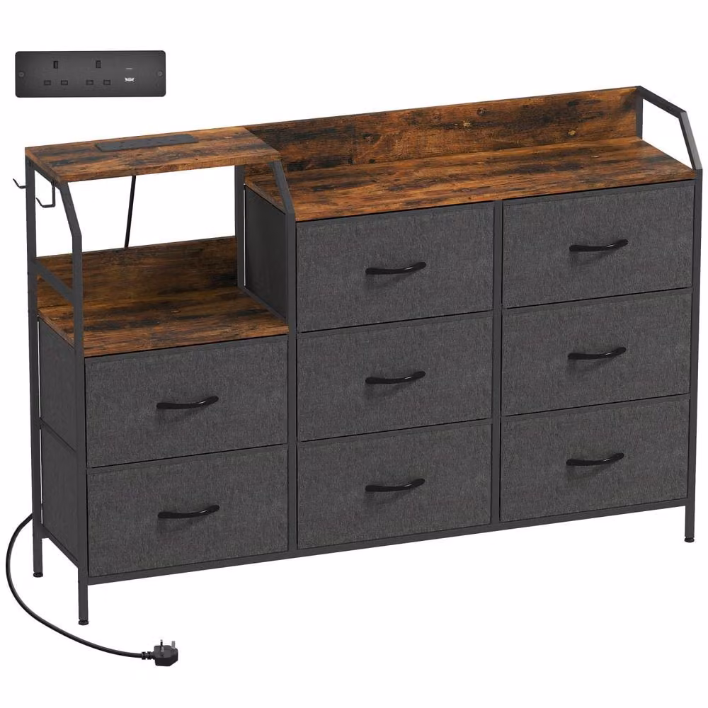 Wyld Haus 8 Drawer Industrial Metal and Wood Storage Chest with Integrated Charging Station in Brown and Black – 2