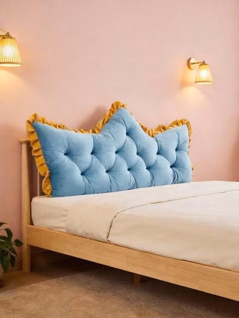 Living and Home Crown-Shaped Ruffled Velvet Bed Headboard Pillow in Blue, Medium