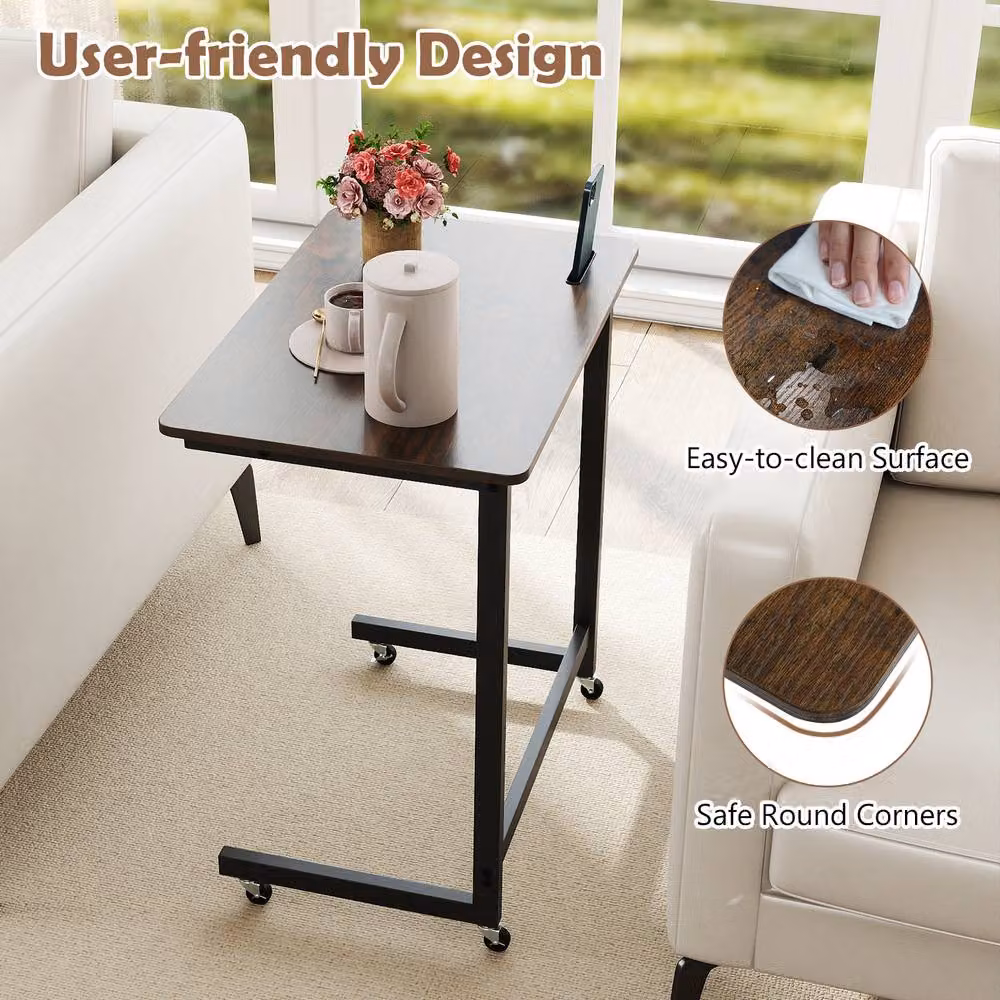 Costway C-shaped Mobile Bedside Table with Wheels and Built-in Phone Slot in Brown – 6