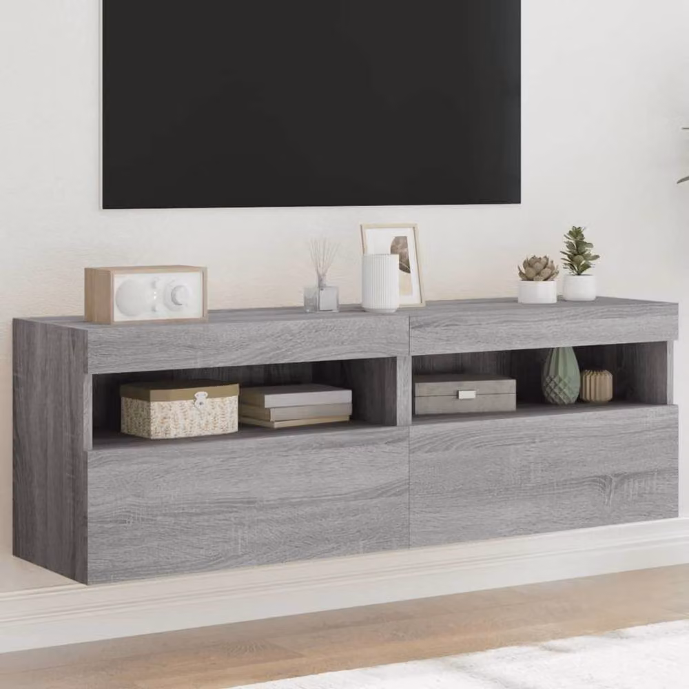 Berkfield Home Set of 2 Modern Grey Sonoma TV Wall Cabinets with LED Lights, W/D/H: 60 x 30 x 40 cm – 2