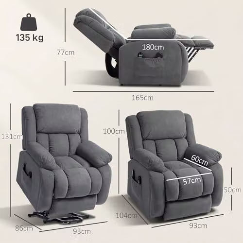 HOMCOM Grey Velvet Recliner Armchair with Powered Lift Assist, Heat and Vibration Massage – 3