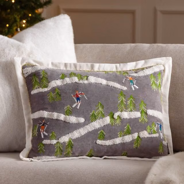 Paoletti Winter Alpine Embroidered 100% Cotton Rectangular Cushion in Beige and Grey, W: 50 cm, H: 35 cm