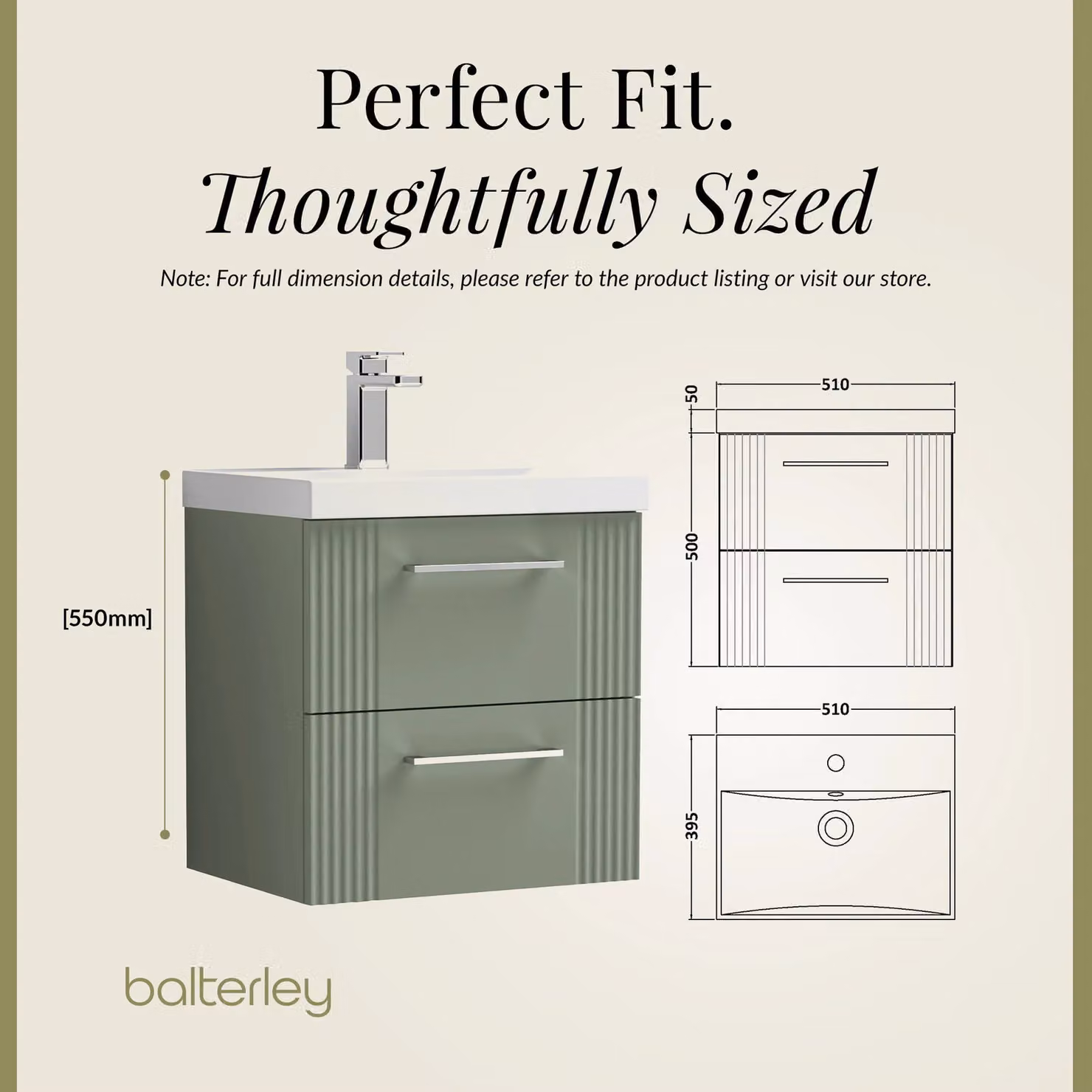 Balterley Wall Hung 2 Drawer Vanity Unit with Thin-Edge Basin, Satin Green, W: 50 cm, D: 55 cm, H: 50 cm – 4