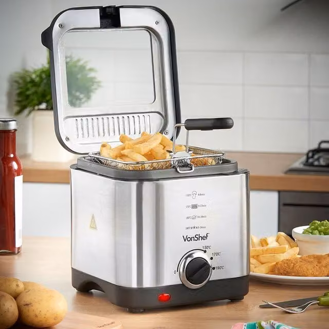 VonShef 1.5L Deep Fat Fryer in Silver Stainless Steel