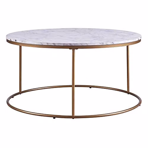 Teamson Home Marmo Large Round Marble Coffee Table and Side Table, White, Grey and Gold, W/D/H: 91.4 x 91.4 x 45.7 cm – 1