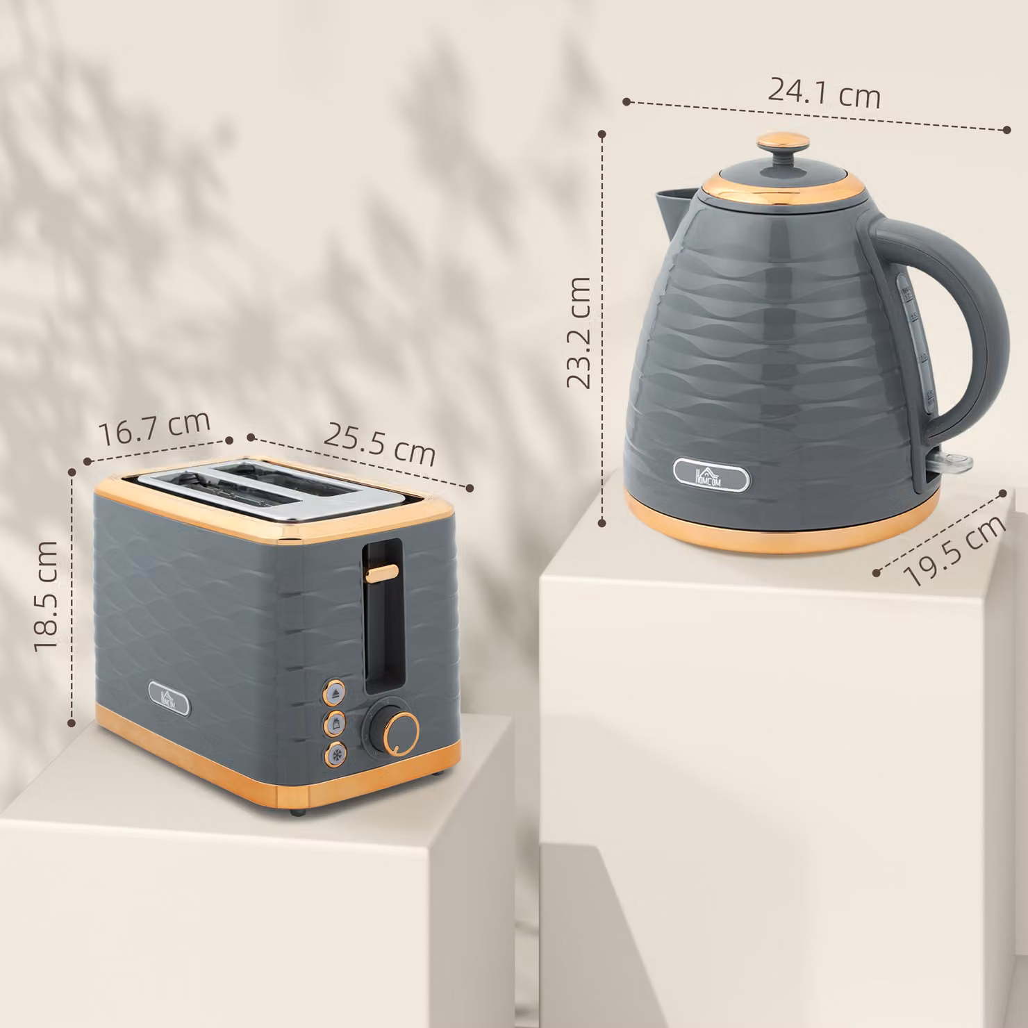 HOMCOM Grey Kettle and 2 Slice Toaster Set with 1.7 l Rapid Boil Kettle and 7 Browning Controls – 3