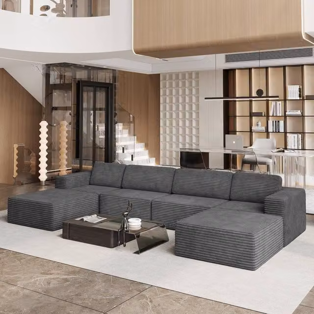 Dprodo Grey Corduroy Modular U-Shape Sofa with Matching Ottoman and Removable Covers – 1