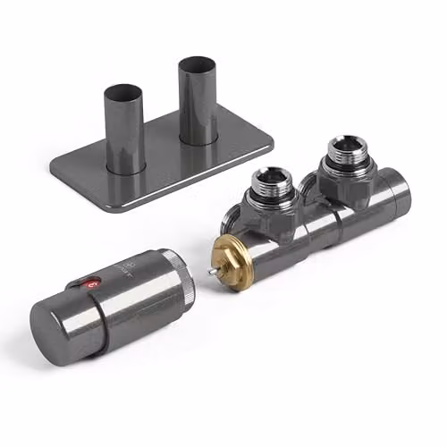 Terma Vario Twins Angled Accessory Valves with Integrated Thermostat and Pipe Masking, 50mm, Left Sided, Sparkling Grey