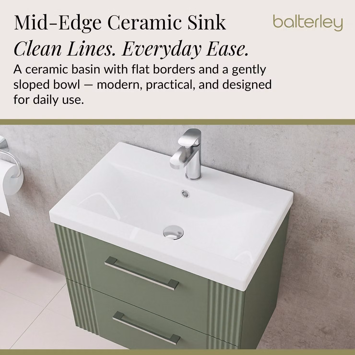 Balterley Wall Hung 2 Drawer Vanity Unit with Mid-Edge Basin, Satin Green, W: 60 cm, D: 54 cm, H: 60 cm – 3