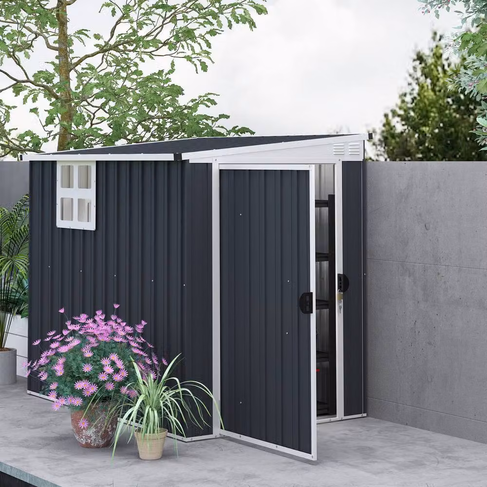 Rolipo Metal Pent Garden Shed with Window and Lockable Door, Dark Grey, W/D/H: 121.92 x 117.0 x 182.88 cm – 4