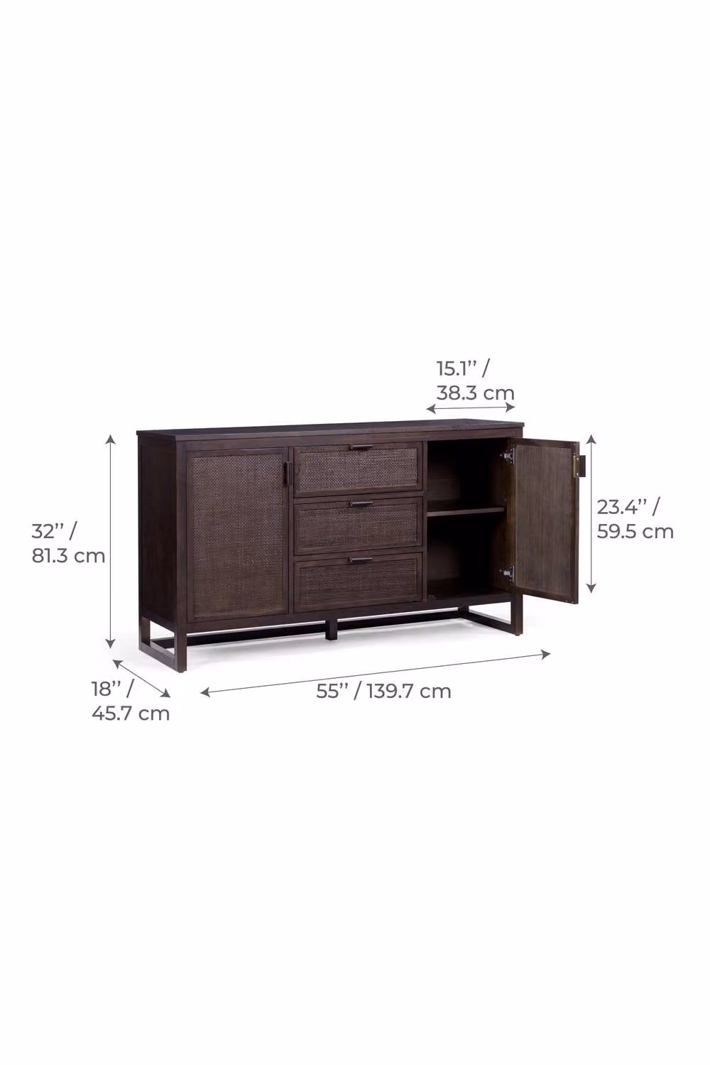Teamson Home Hatteras Wooden Sideboard with 3 Drawers and 2 Rattan Inset Doors, Brown, W: 140 cm, D: 45.72 cm, H: 81.28 cm – 4