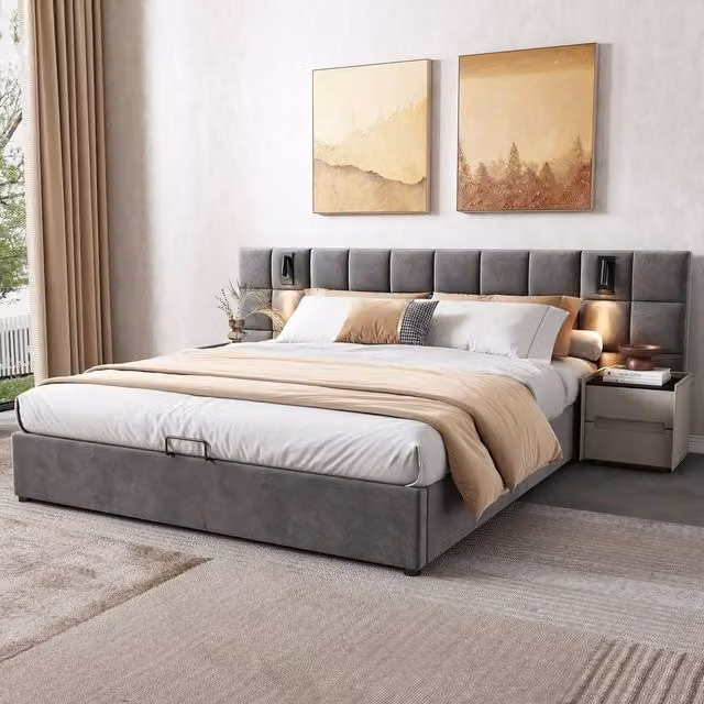 BTM Grey Velvet Double Bed with Hydraulic Storage, USB Charging Port and Integrated Reading Light, W/D/H: 140 x 200 cm