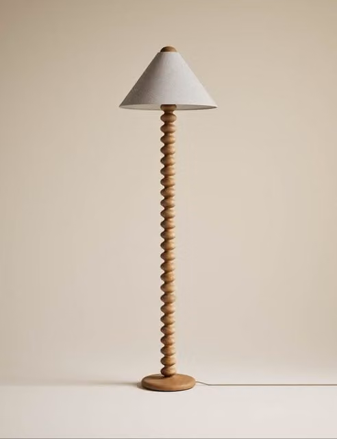 M&S Evelyn Wooden Bobbin Floor Lamp in Wood and Grey with Fabric Cone Shade