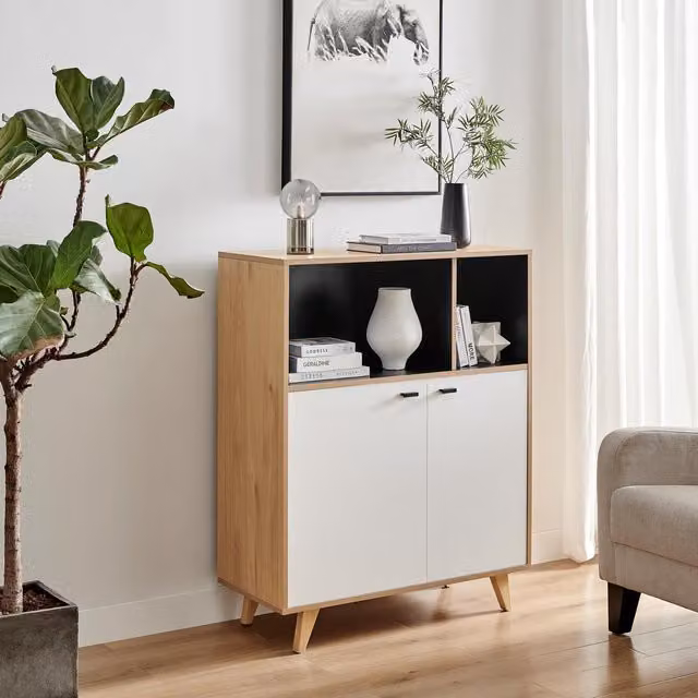 FurnitureboxUK Bisset Scandinavian Style Storage Sideboard in Off-White and Wood Effect – 1