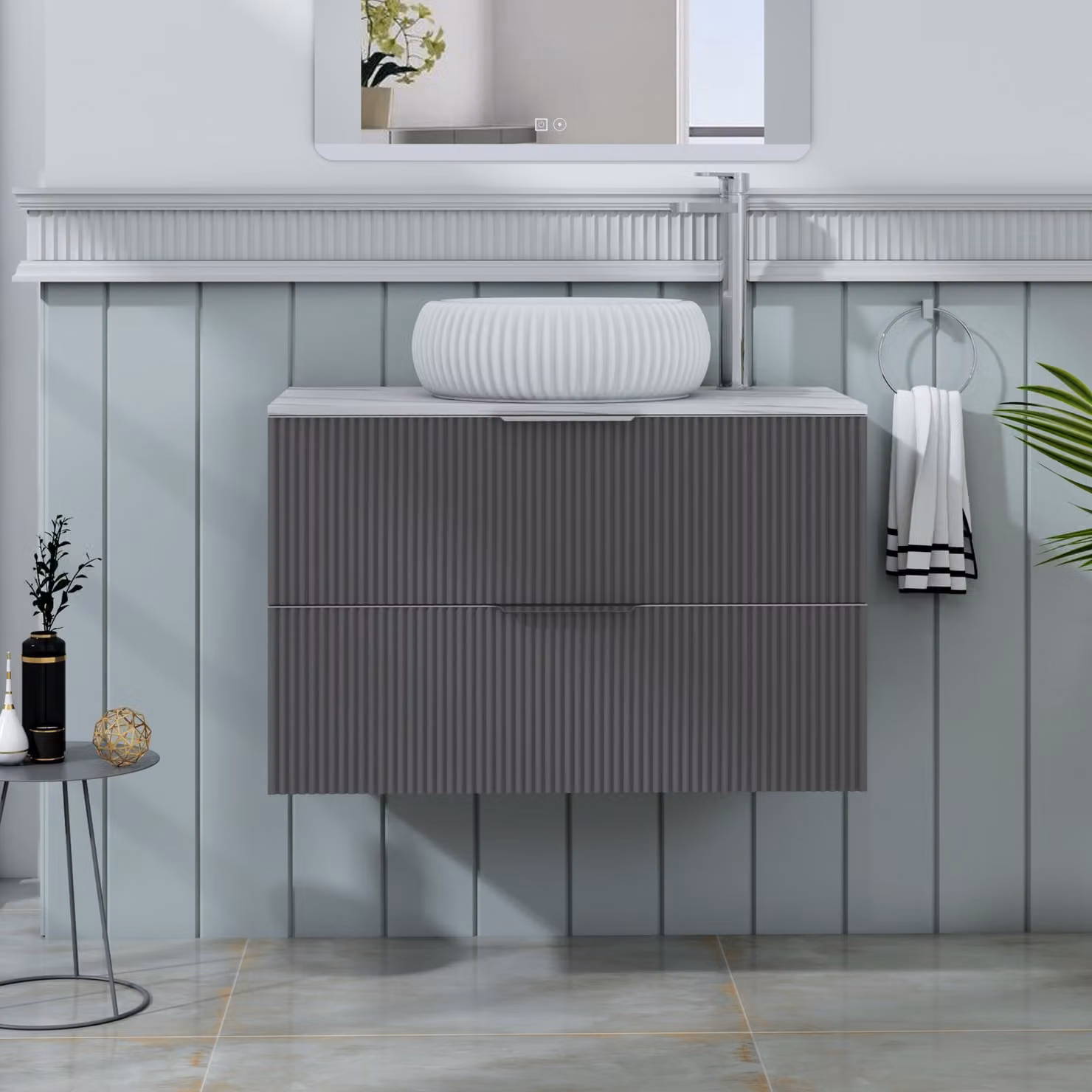 Royal Bathrooms Evora 800mm Graphite Grey Fluted Wall Hung 2 Drawer Vanity Unit with Milan Basin