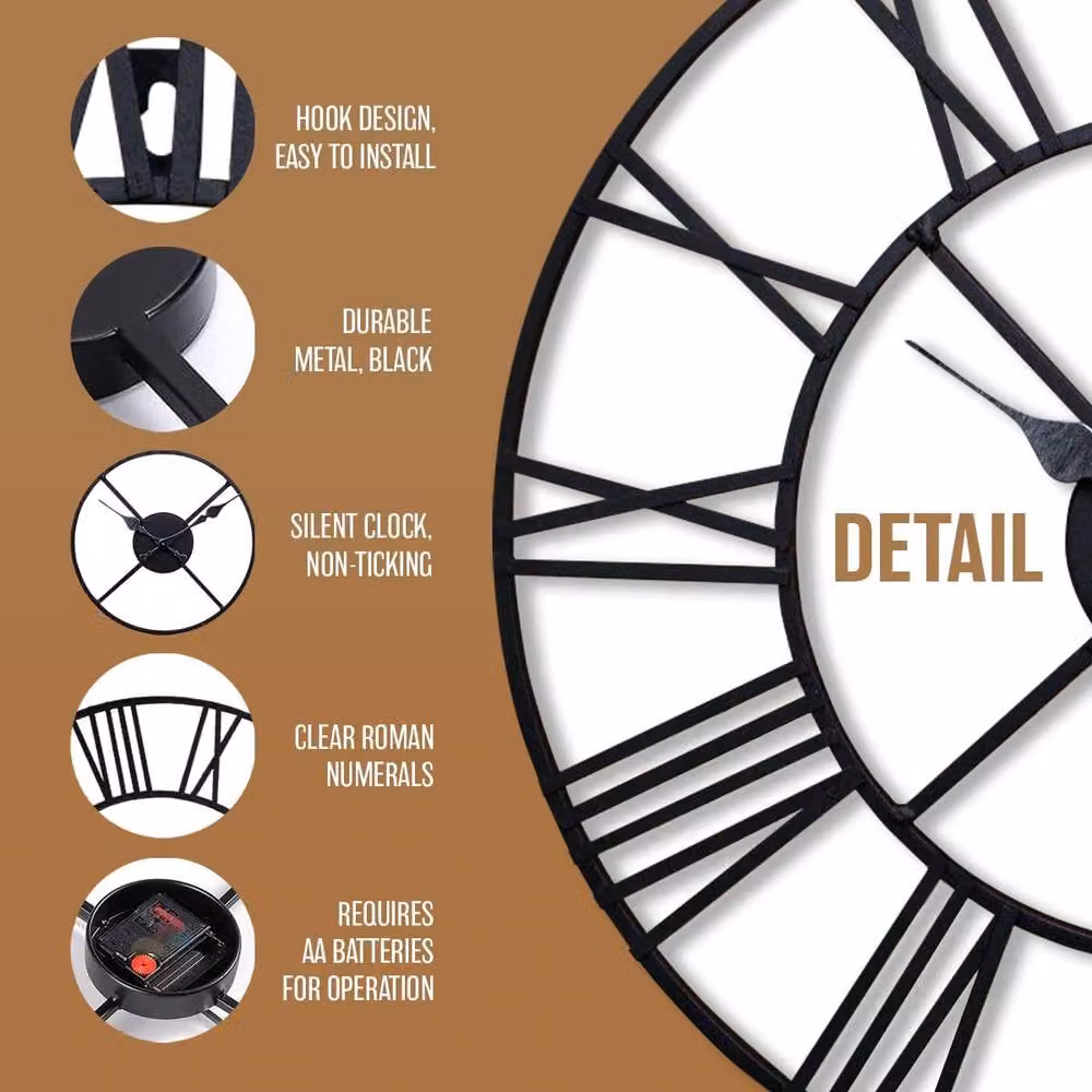 BARGAINS-GALORE Black Vintage Metal Silent Roman Numeral Wall Clock for Indoor and Outdoor Use, Diameter: 60 cm – 4