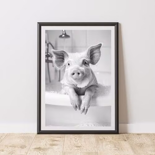60 Second Makeover Pig In The Bath Animal Print Paper Poster, Black White and Grey, W: 21.0 cm, H: 29.7 cm
