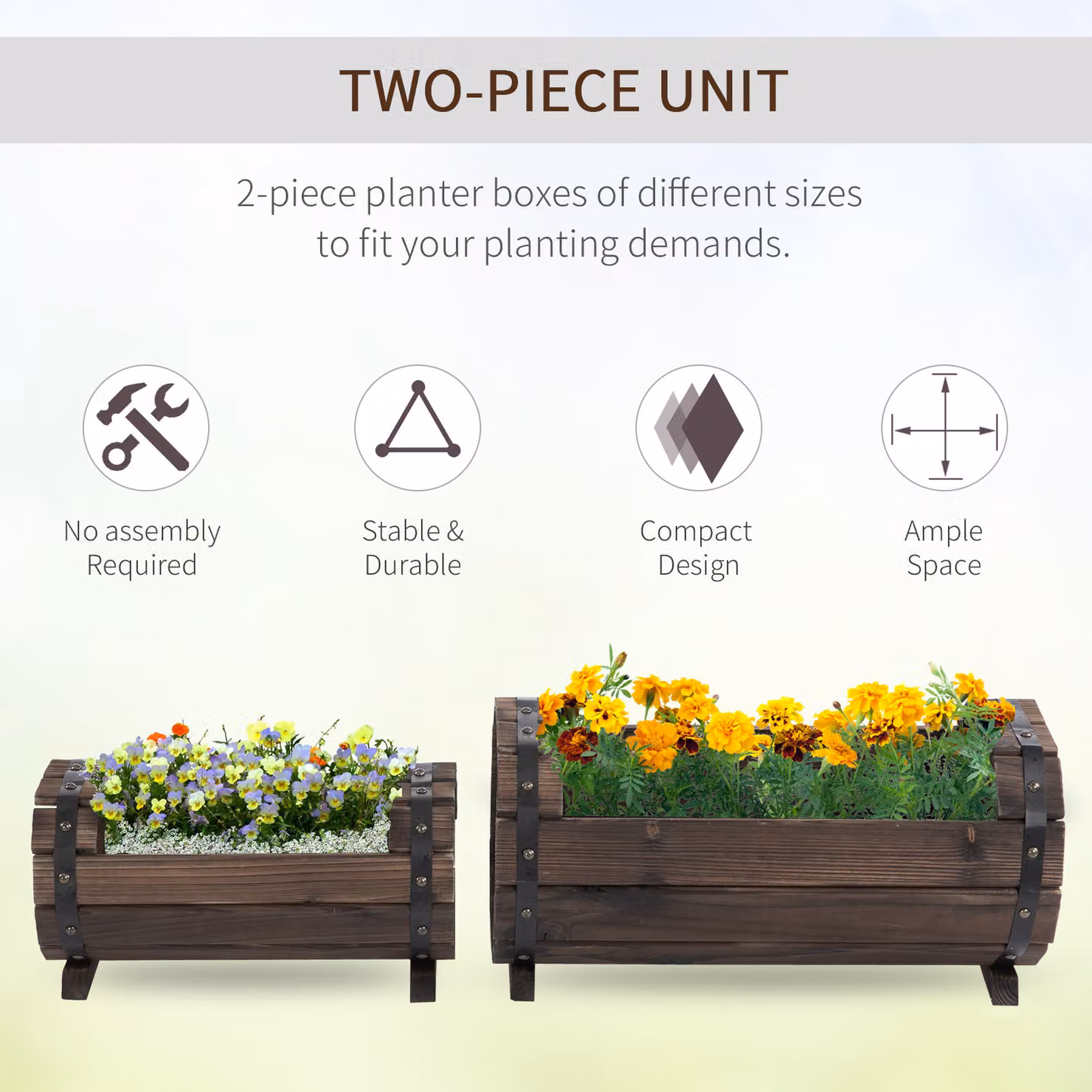Outsunny Set of 2 Brown Wooden Planter Tubs for Indoor and Outdoor Floral Displays – 3