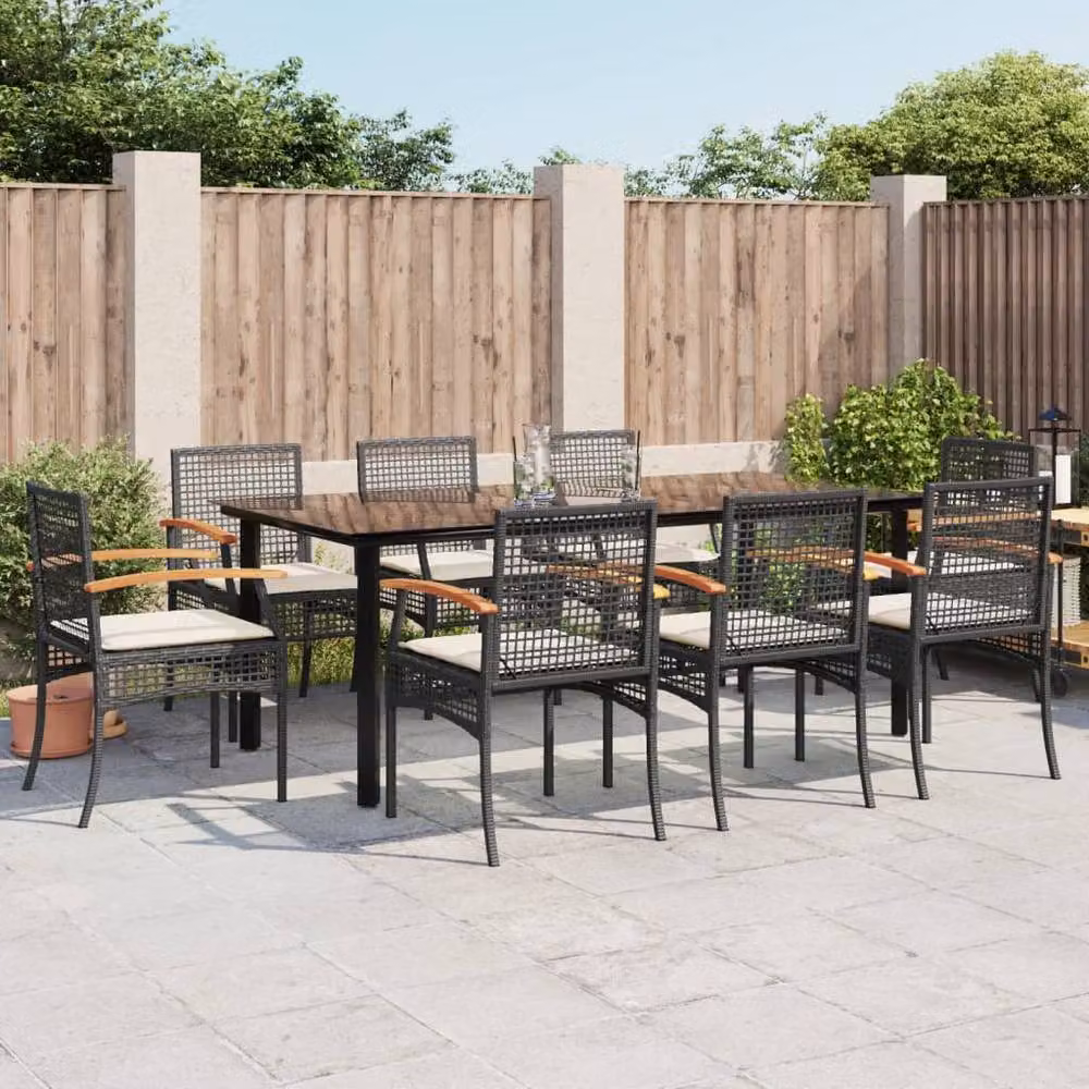Berkfield Home 9 Piece Black Poly Rattan Garden Dining Set with Cushions – 2