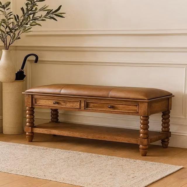 Artisan Furniture Brown Mango Wood Spindle Shoe Rack with Leather Top and 2 Drawers