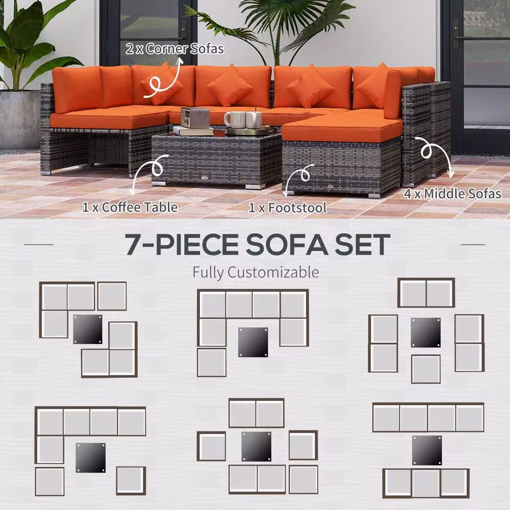 Wyld Haus Yodosu 6 Seater Grey PE Rattan Outdoor Corner Sofa Set with Orange Cushions – 5