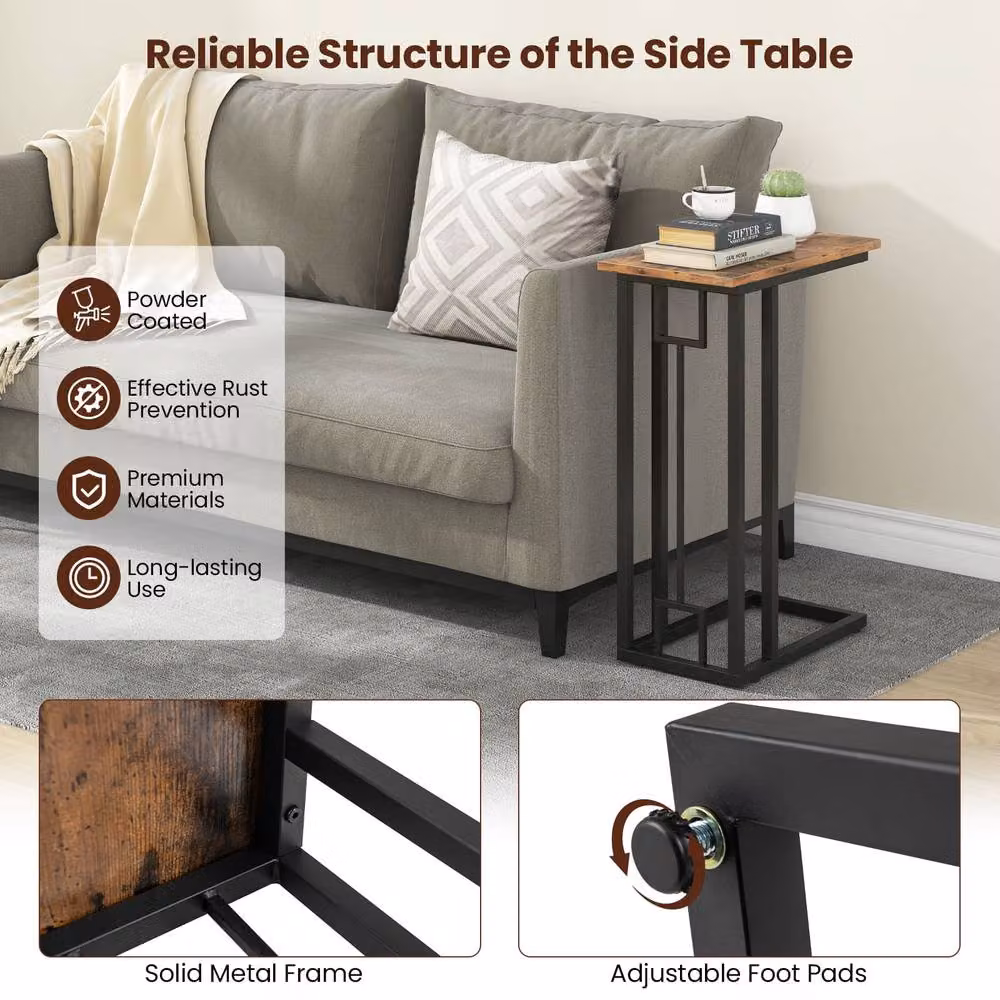 Gymax C-Shaped Side Table with Metal Frame in Brown – 3