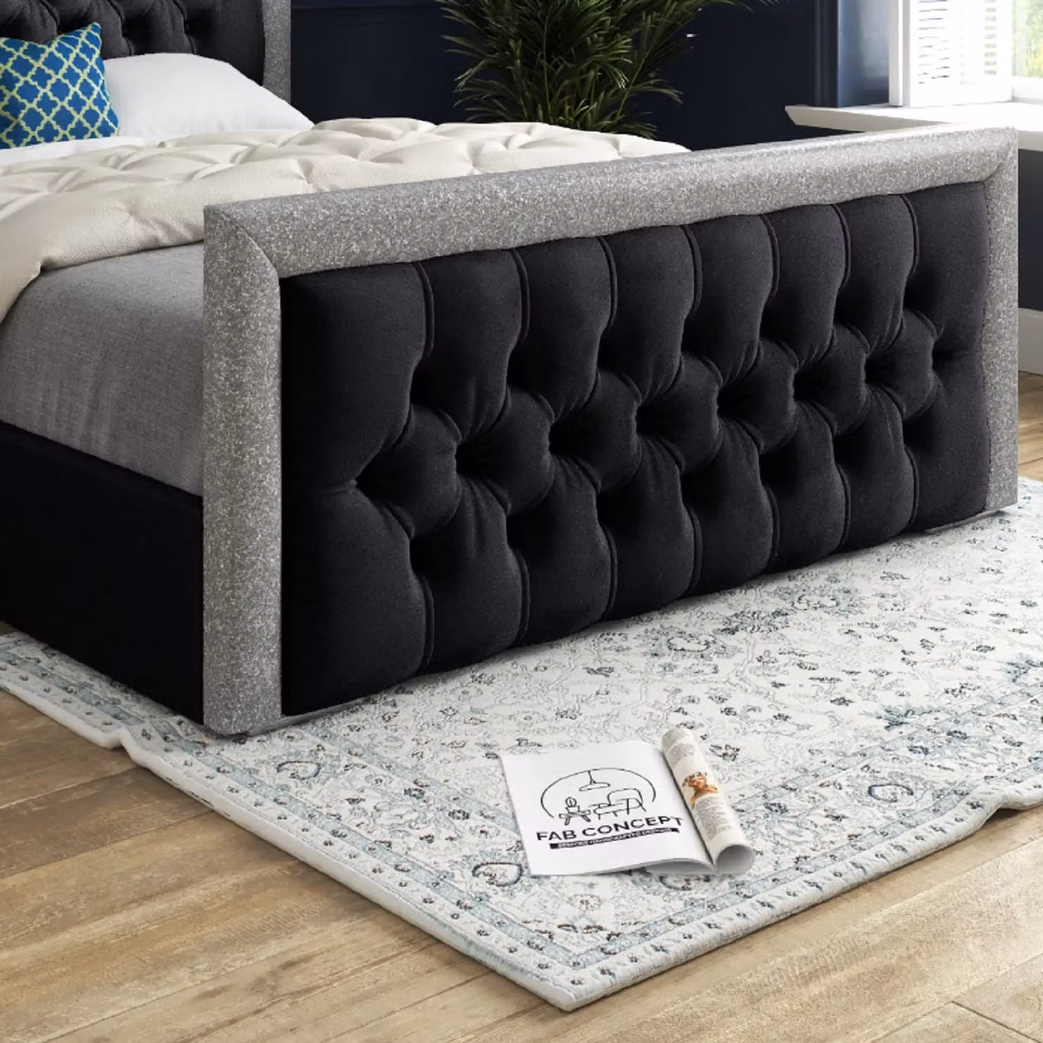 Casani Upholstered Velvet Bed Frame in Black, W/D/H: 120 x 200 x 128 cm – 4