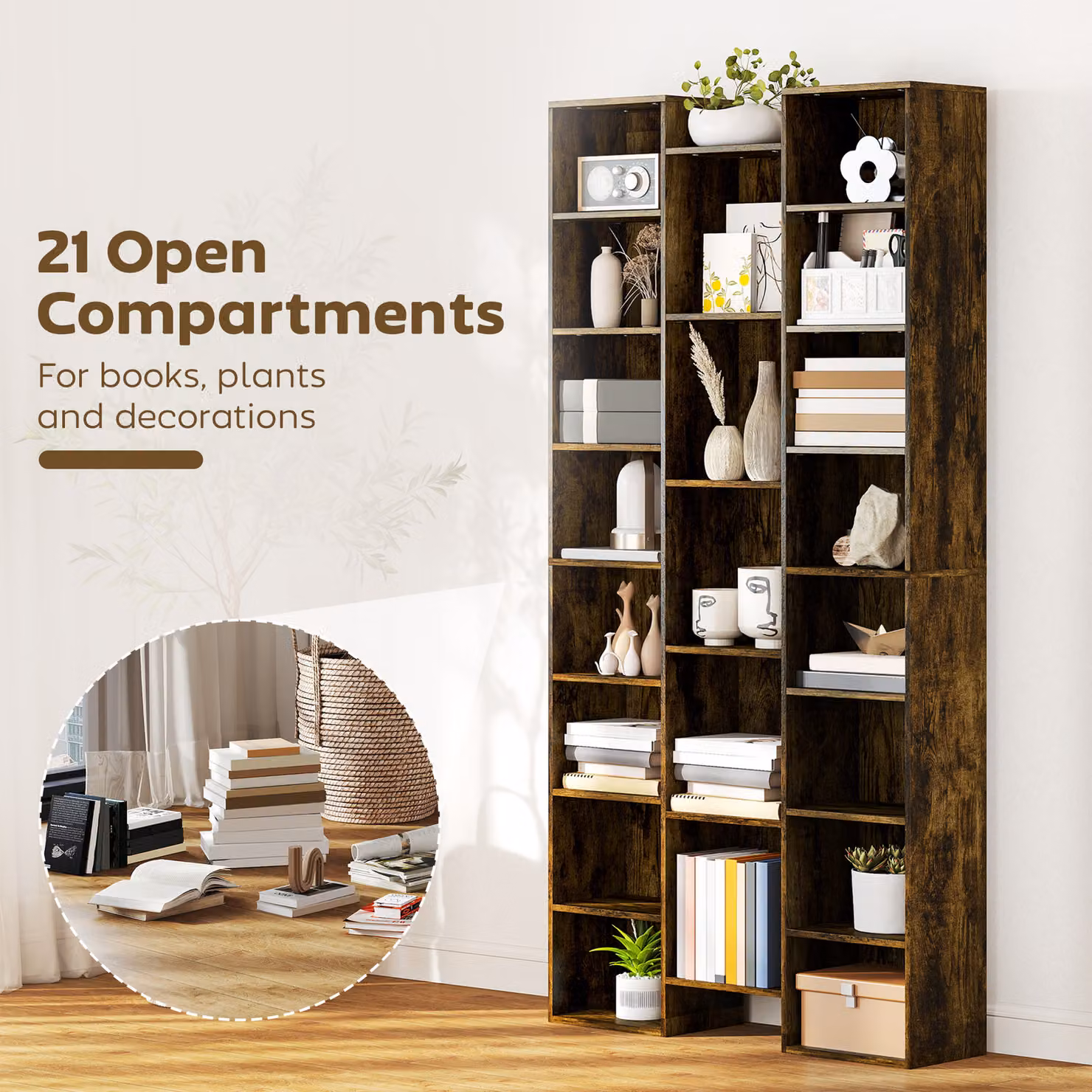 HOMCOM 21-Compartment Modern Brown Wood Cube Bookshelf with Adjustable Shelves and Back Panel – 4