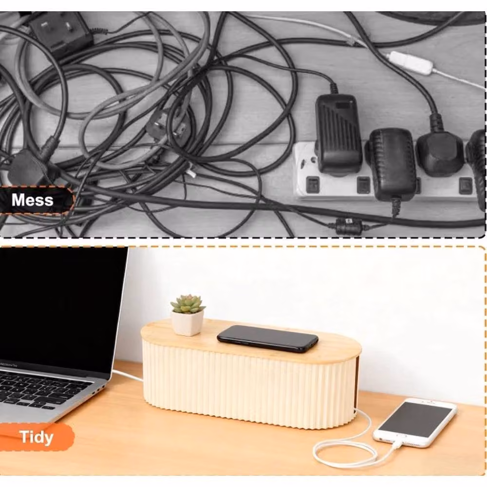EONLION White Large Cable Management Box with Bamboo Slatted Lid – 3