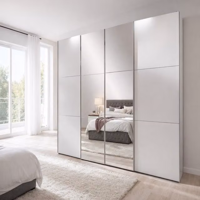 Tjs Escape 300 White 4 Door Sliding Wardrobe with Glass Doors and LED Lighting