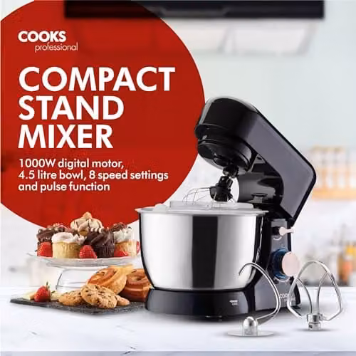 Cooks Professional Stand Mixer 1000W with 8 Speeds, Pulse Function and 4.5L Stainless Steel Mixing Bowl in Black and Gold – 5