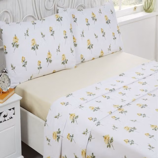 Rapport Home Floral Cotton Bed Cover Sheet Set in Yellow and White, 90 x 200 cm