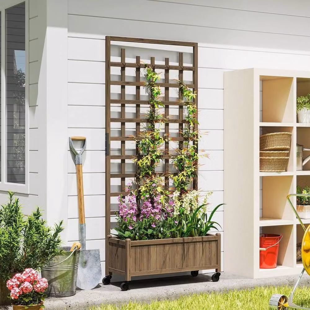 NESTLUNE Brown Wooden Trellis Raised Garden Bed for Climbers – 2