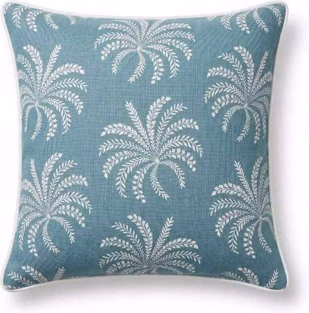 Homescapes Blue Palm Leaves Cotton Square Throw Pillow with Removable Cover, W/D/H: 45 x 45 x 45 cm – 1