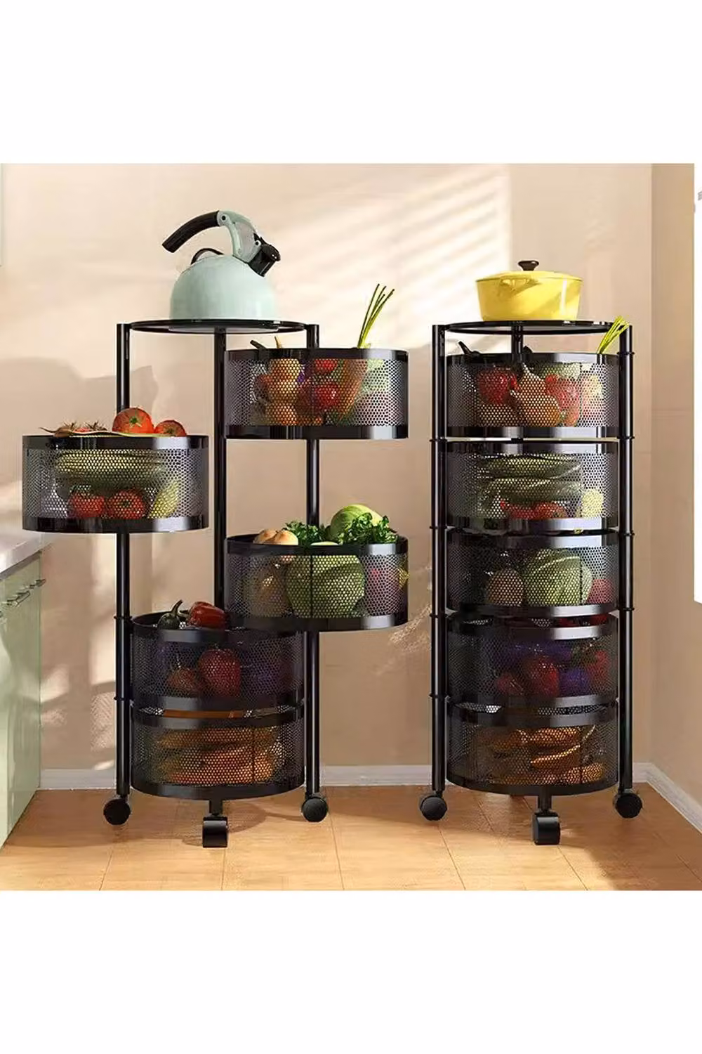 Living and Home XL Kitchen Storage Organiser with Rotating Metal Baskets and Castors in Matt Jet Black – 2