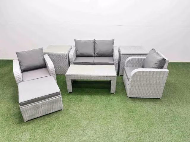 Fimous 5 Seater Grey PE Wicker Rattan Garden Furniture Set with Reclining Chairs, Oblong Coffee Table and Ottoman