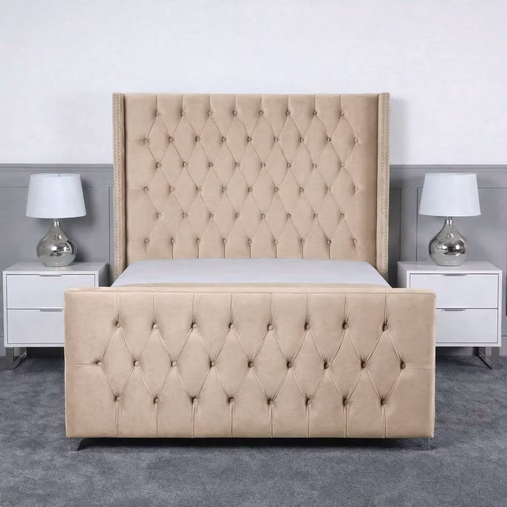 Living Comfort Bedz Executive Luxe Plush Upholstered Velvet Bed with Slatted Base and 48 Inch Headboard, Beige, W/D/H: 90 x 190 cm, Single