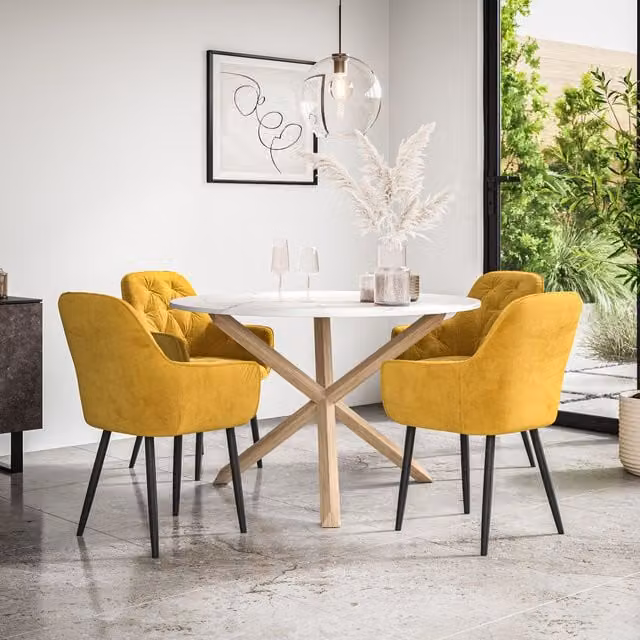 More4Homes Malvern Round Dining Table and Anika Velvet Dining Chair Set of 4, Marble Top with Solid Oak Legs, Mustard Yellow
