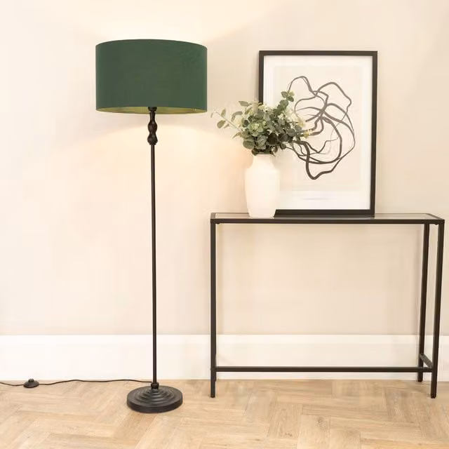 ValueLights Maggie Black Metal Candlestick Floor Lamp with Green Fabric Cylinder Shade and LED Bulb